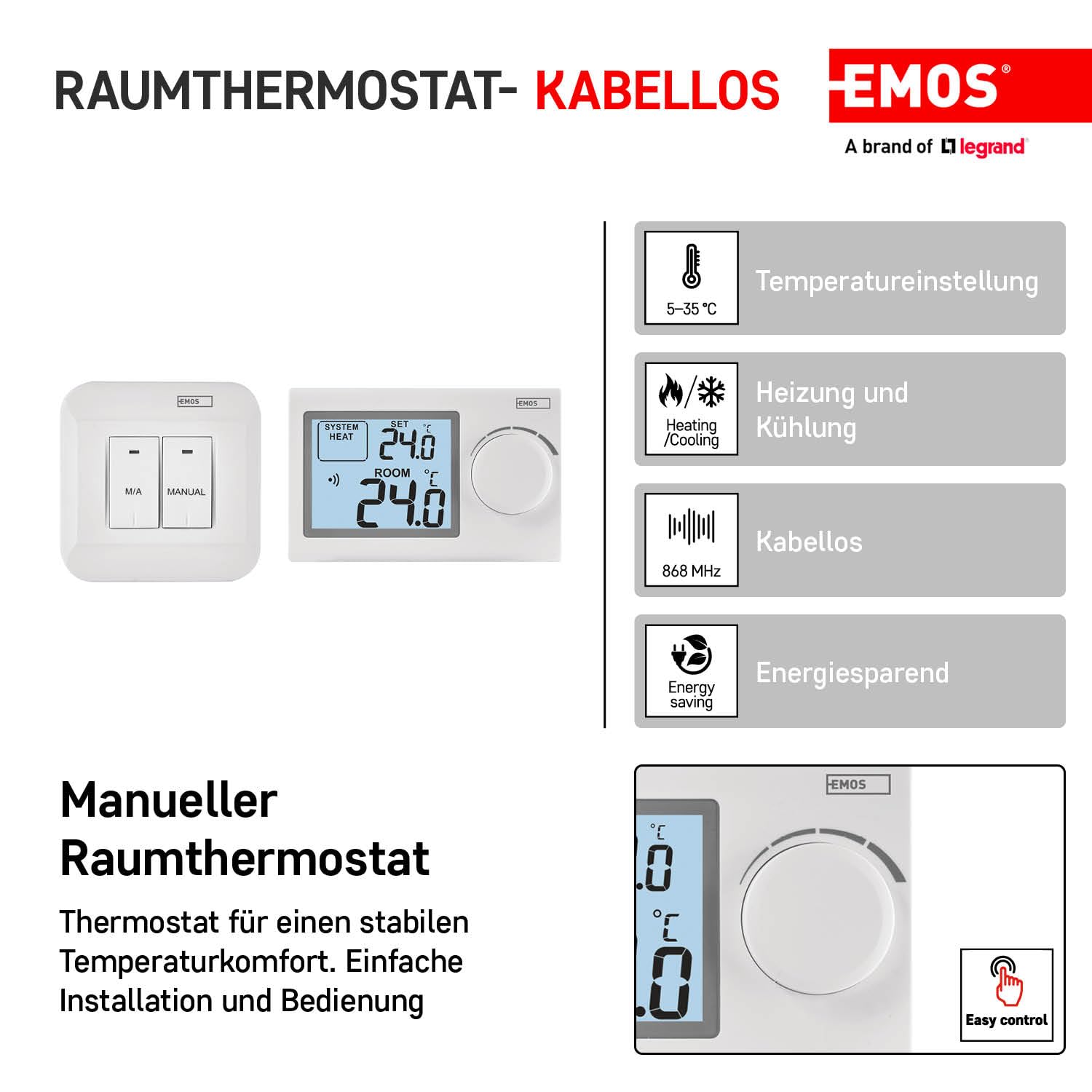 Emos - Termostato interior electrónico inalámbrico para sistema de calefacción y refrigeración