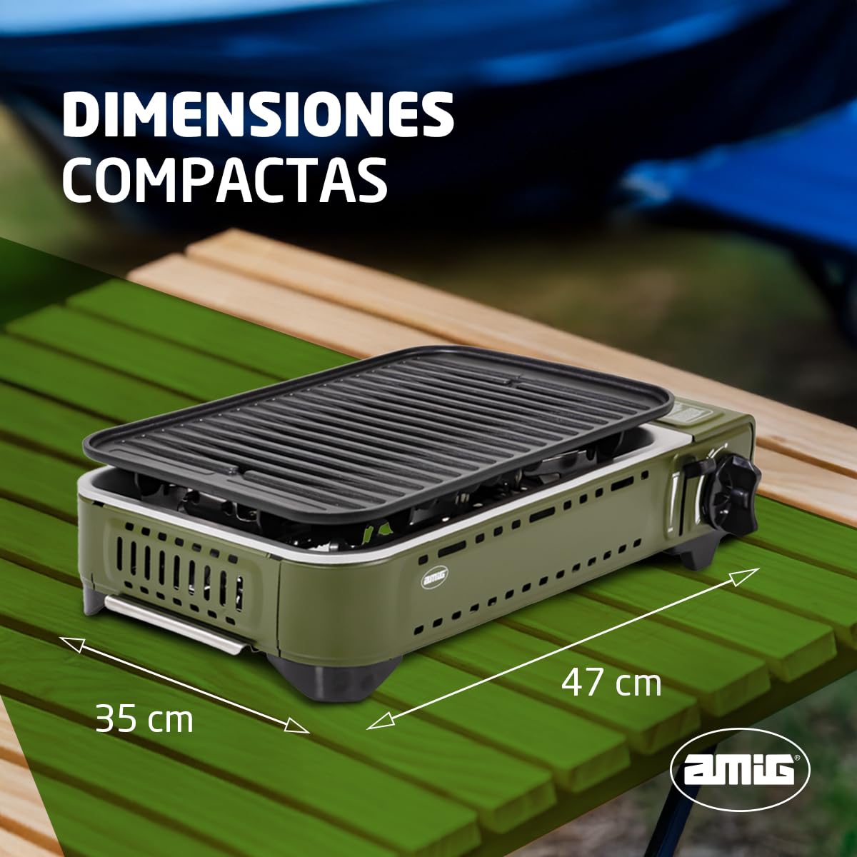 Amig - Camping Gas - Cocina Portátil - Kit Hornillo Grill - Parrilla Fundición Aluminio + Plancha con Tapa Cocción - Bandeja Recoge Grasas de Acero Inoxidable - 1,8 Kw Potencia - Cartuchos B-250
