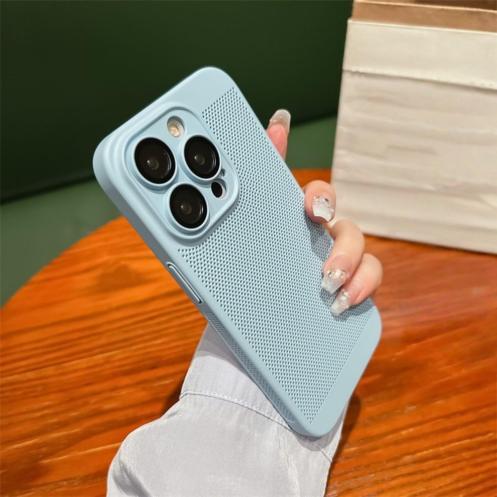 Custodia rigida ultra sottile per dissipazione del calore per iPhone 15 14 12 11 13 Pro Max XR XS Max 7 8 Plus, protezione dell'obiettivo, griglia traspirante, azzurro, per iPhone 12ProMax (6,7")
