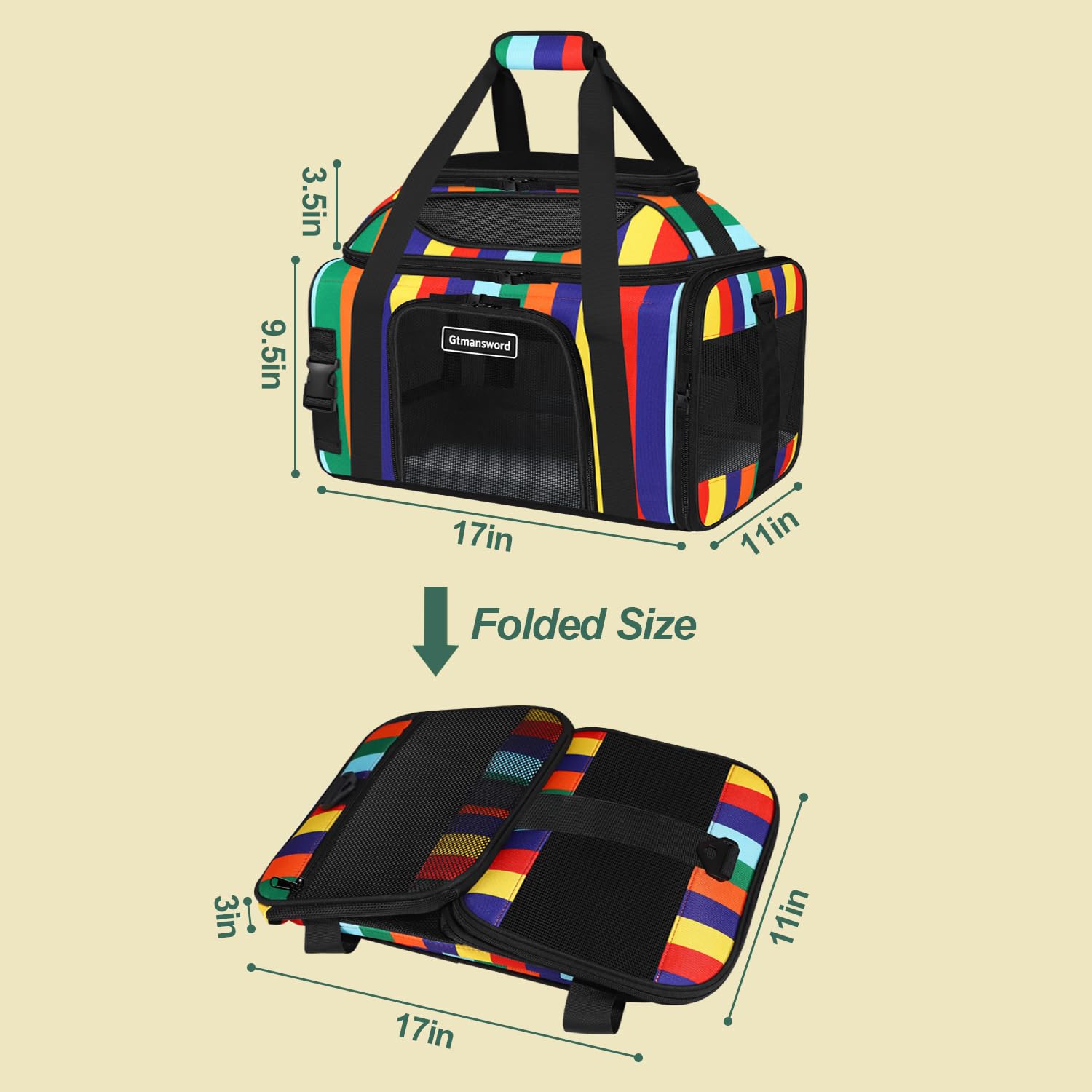 17x11x9.5 Inches Top-Expandable Pet Carrier Alaska Airline Approved, Soft Sided Carrier for Small Dog, Cat with 5-Sides Mesh Windows and Locking Safety Zippers(Rainbow) - image 3