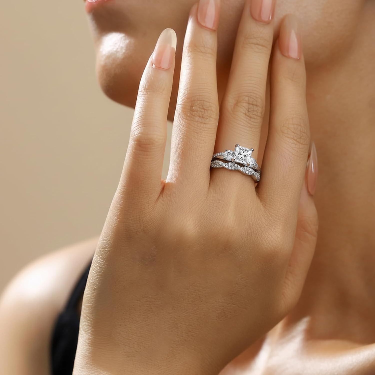 Moissanite Wedding Rings Set for Women 925 Sterling Silver Three Stones Princess Cut Engagement Rings for Her D Color VVS1 Size 5-10