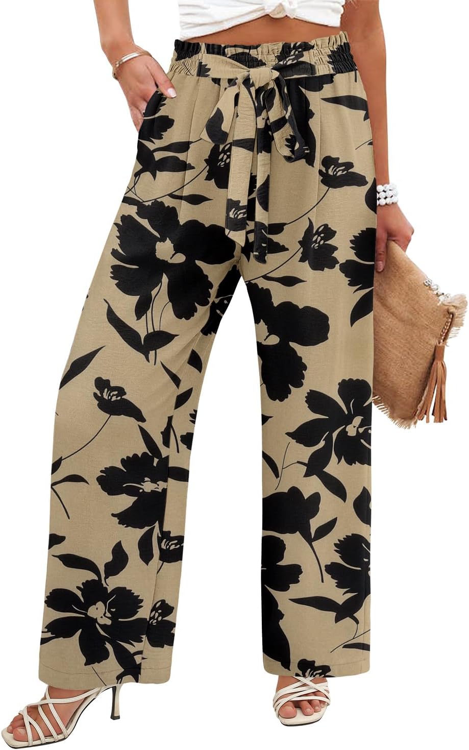 Angerella Womens Wide Leg Pants High Elastic Waist Adjustable Knot Casual Flowy Trousers Business Work Pants with Pockets