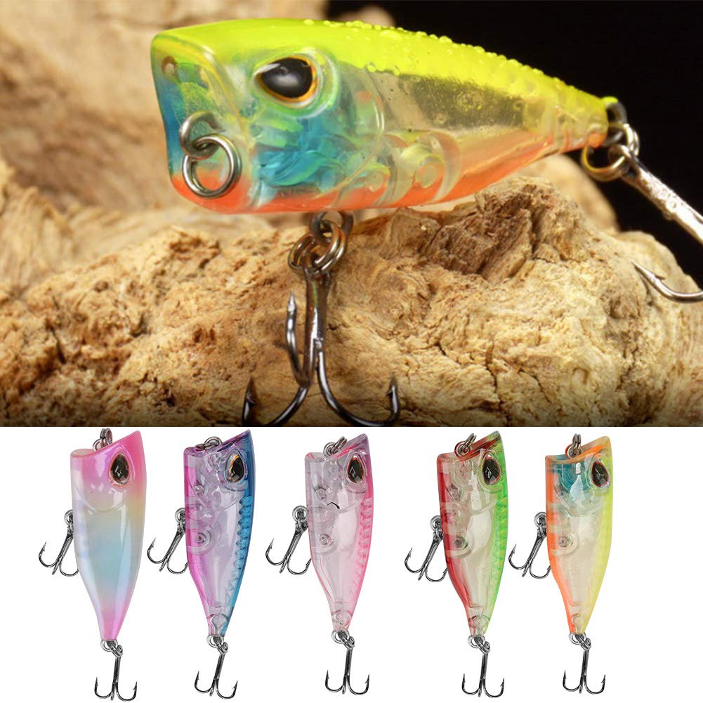5 pezzi in plastica mini popper esche, esche da pesca galleggiante da 4 cm con sfere in acciaio tintinnante ganci acuti per pesca d'acqua salata d'acqua dolce