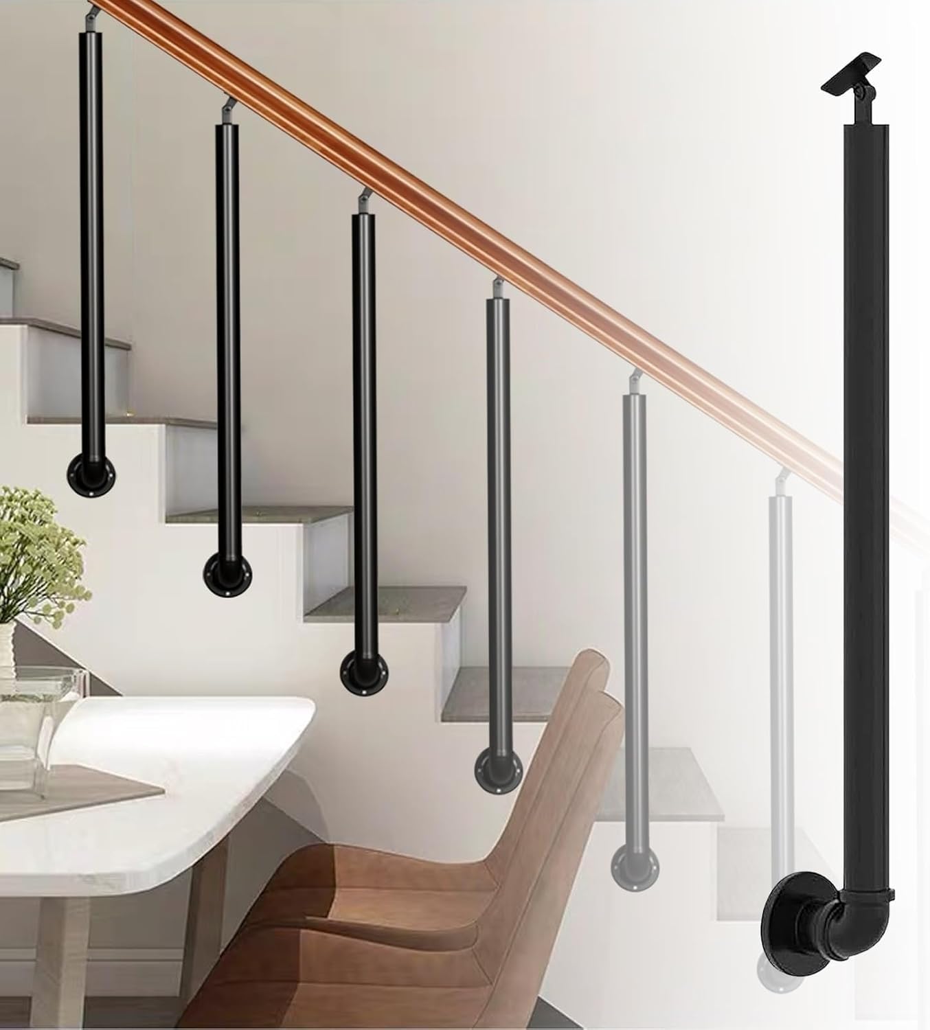 Stair Railing Side-Mounted Handrail for Indoor/Outdoor Steps Wrought Iron Balustrade Safety Hand Rail for Loft Villa Corridor Black(85cm)