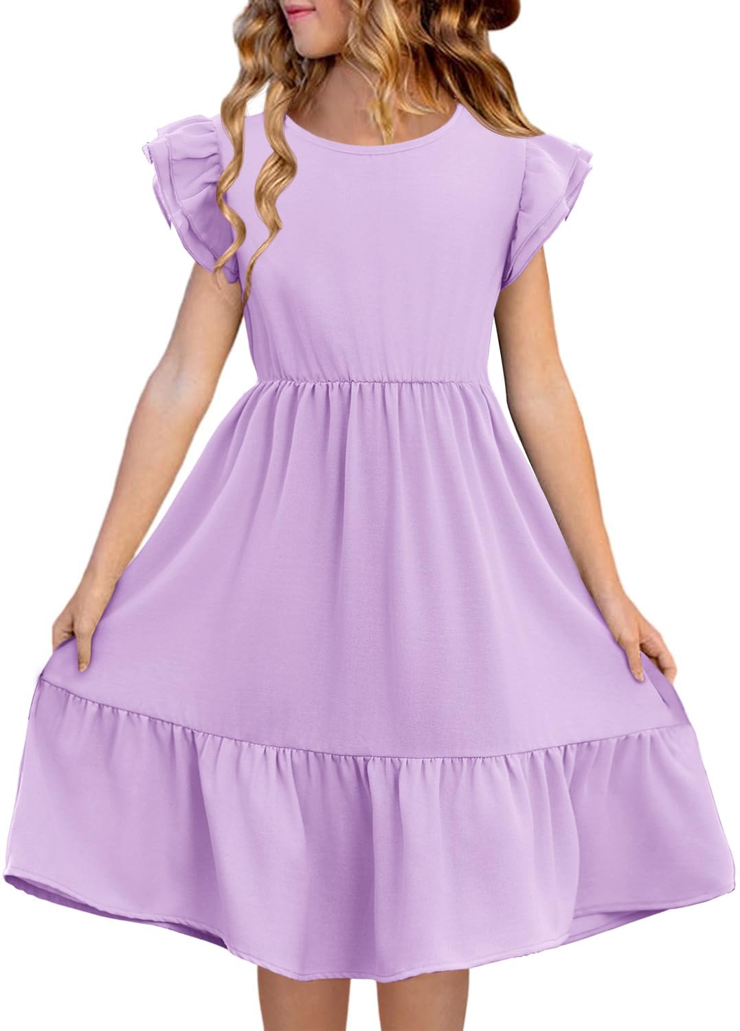 Haloumoning Girls Dresses Kids Summer Double Layer Ruffle Sleeve Dress 5-14 Years