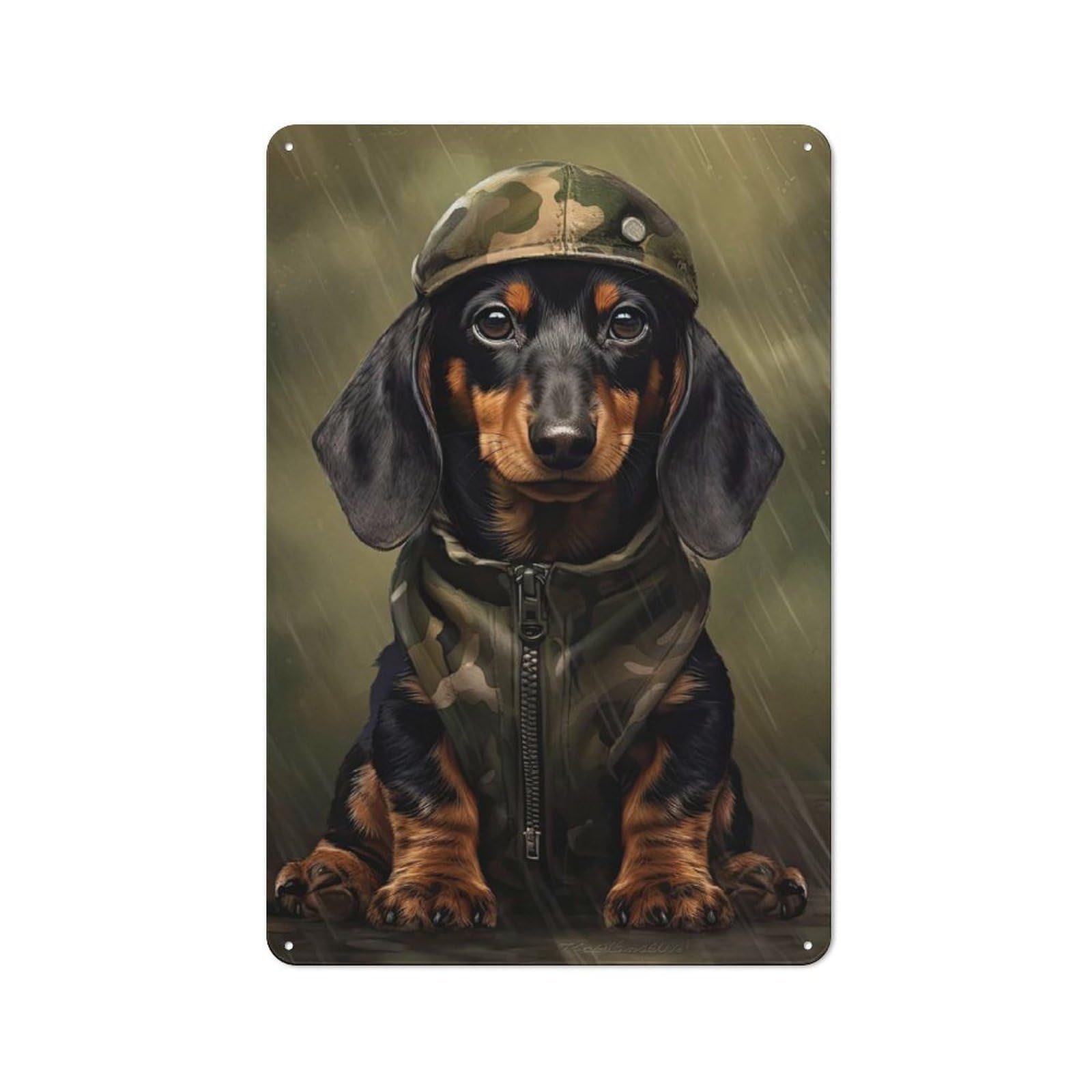 Junmoney Style-18 Understated Decorative Metal Sign 30X20cm Featuring Dachshund Camo Jacket, Study Room Decor For Workspace, Cafe, Shop Or Desk Area