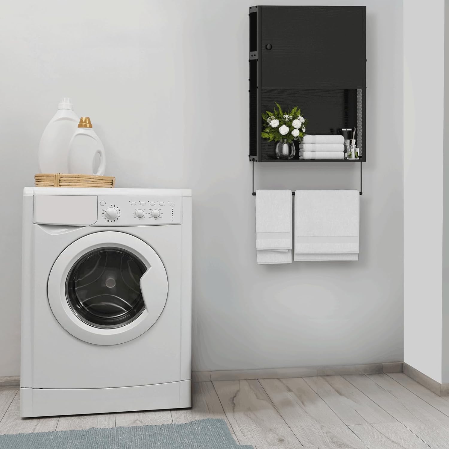 Small Bathroom Cabinet Wall Mounted with Door and Shelf 3 Tier Medicine Cabinet Hanging Bathroom Storage Shelf Over Toilet Storage Cabinet with Towel Bar for Laundry Room Living Room, Black
