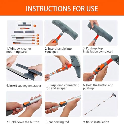 Professional Window Squeegee Cleaner, 2 in 1 Shower Squeegee with Extension Pole, 62‘’ Telescopic Window Washing Equipment with Bendable Head, Glass Cleaning Tools for Indoor/Outdoor High Window - Image 3