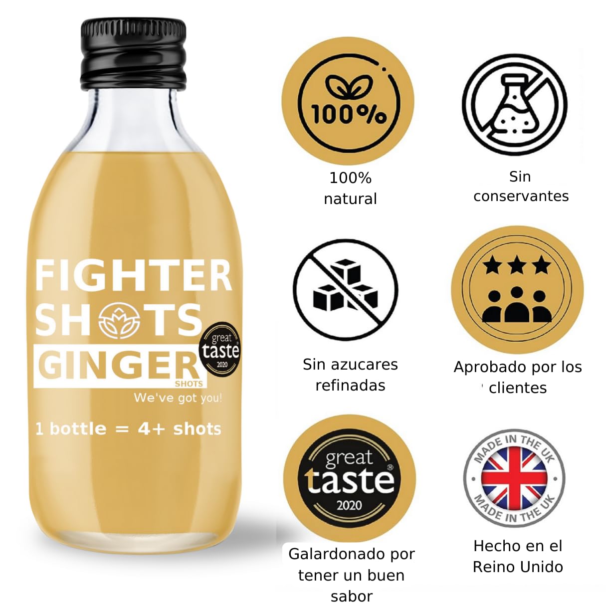 Botellas Dosificadoras de Fighter Shots de Jengibre (6x250ml/24+ Shots) | Galardonados frescos e intensos shots de jengibre | Aumenta la Energía | 100% Natural/Sin Gérmenes Desagradables