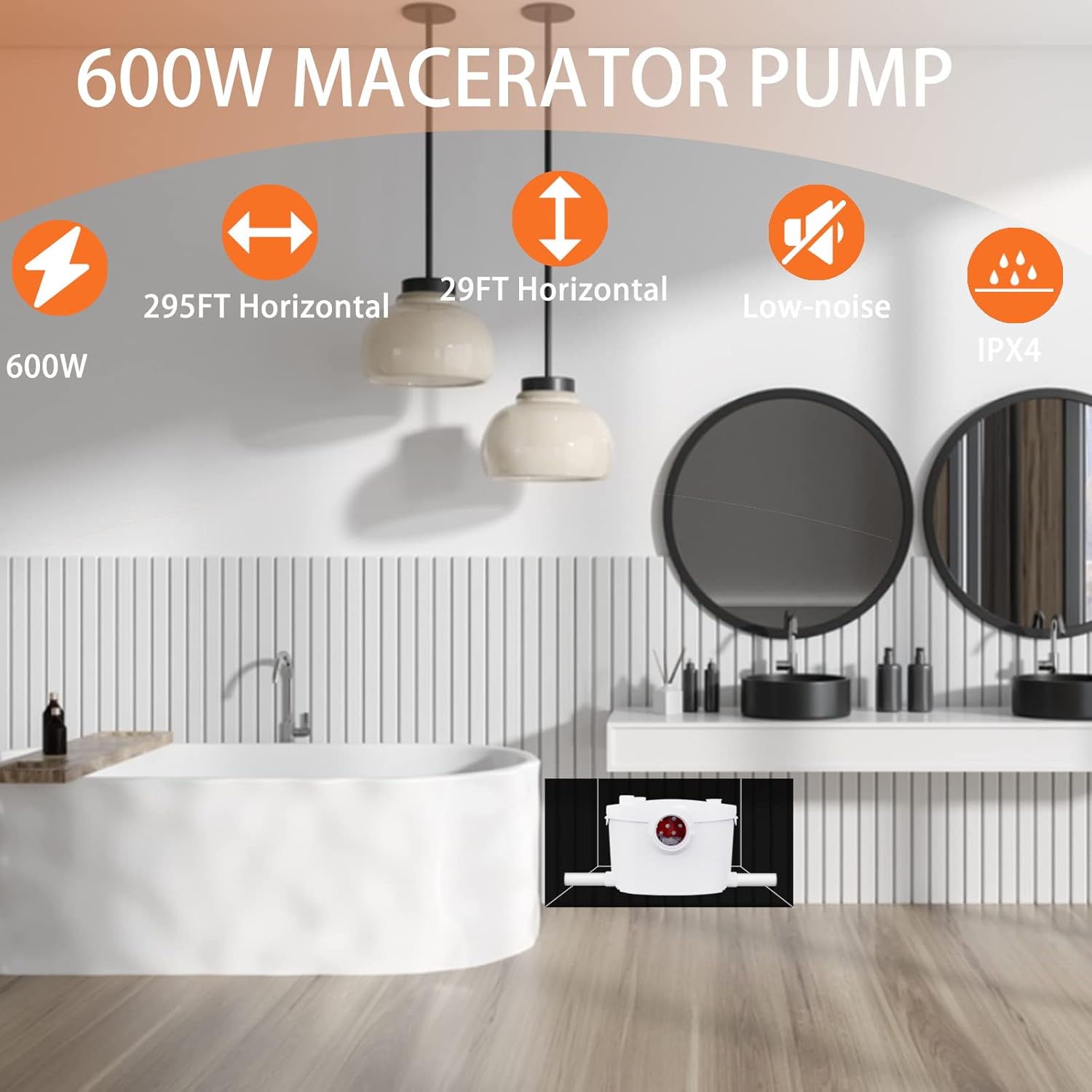 600W Macerator Pump, Sewerage Macerator Pump for Basement System, Macerating Toilet Pump with 4 Water lnlets Connectable Sink, Shower Room, Laundry