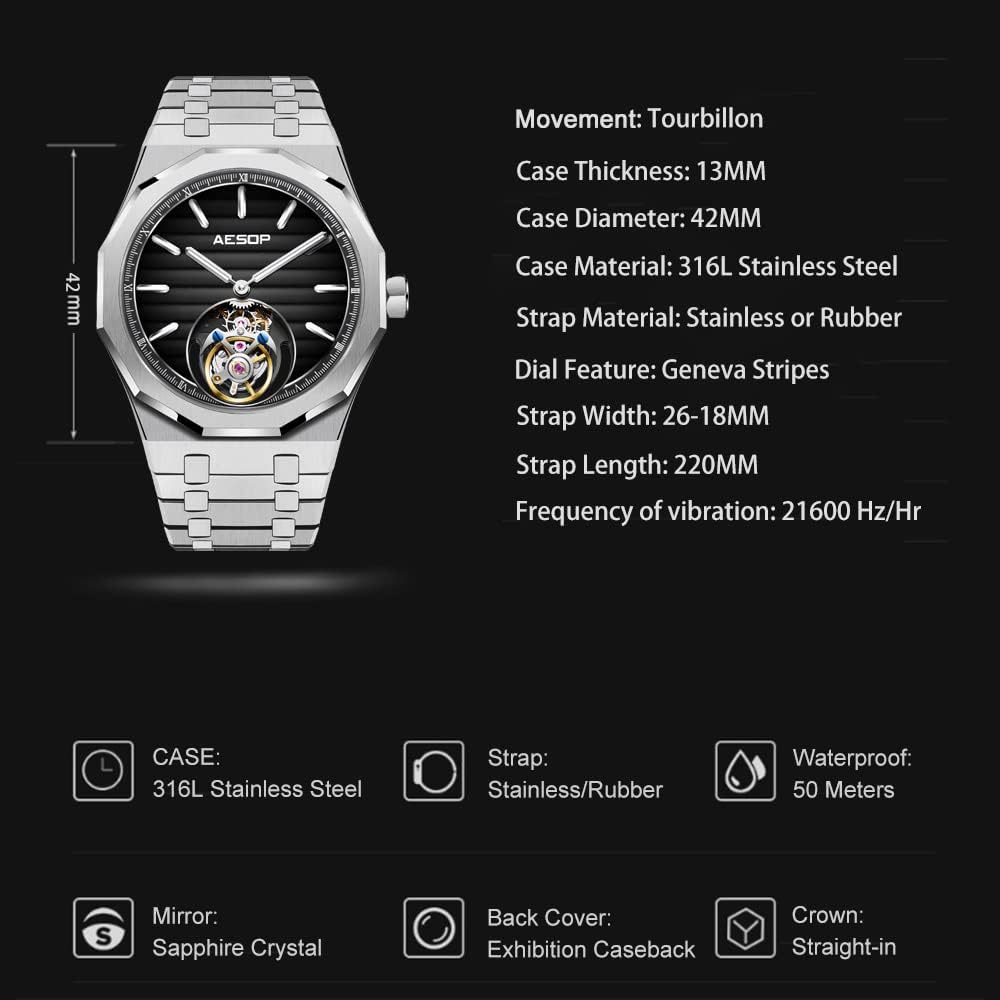 AESOP Men Tourbillon Watches Flying Tourbillon Hand Wind Movement Men Wristwatches Luminous Sapphire Crystal Waterproof Luxury Business Watch for Men 7057