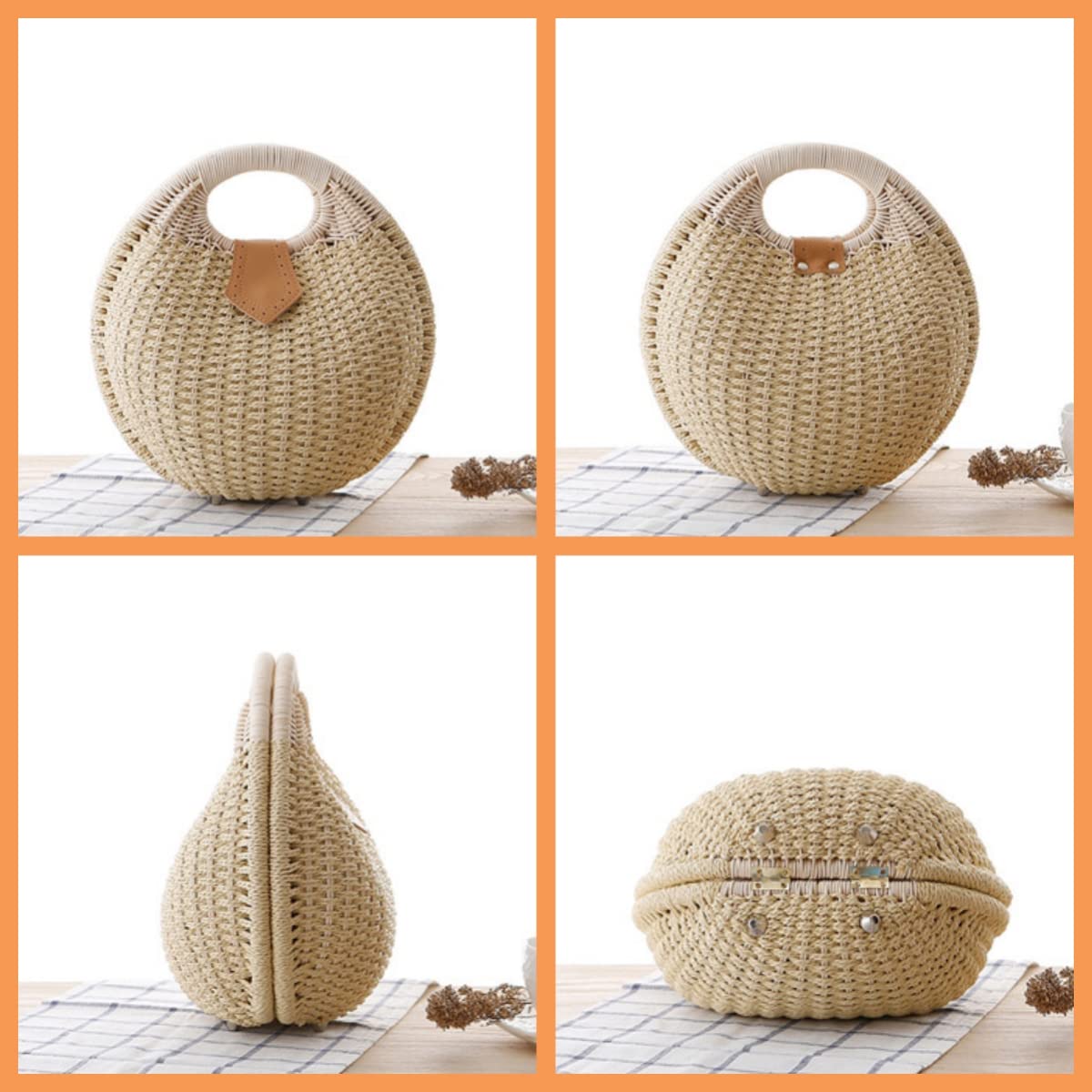 Bolso de paja para mujer, con forma de concha, tejido de playa, de moda, de verano, tejido a mano, de ratán, para vacaciones, Beige, Large