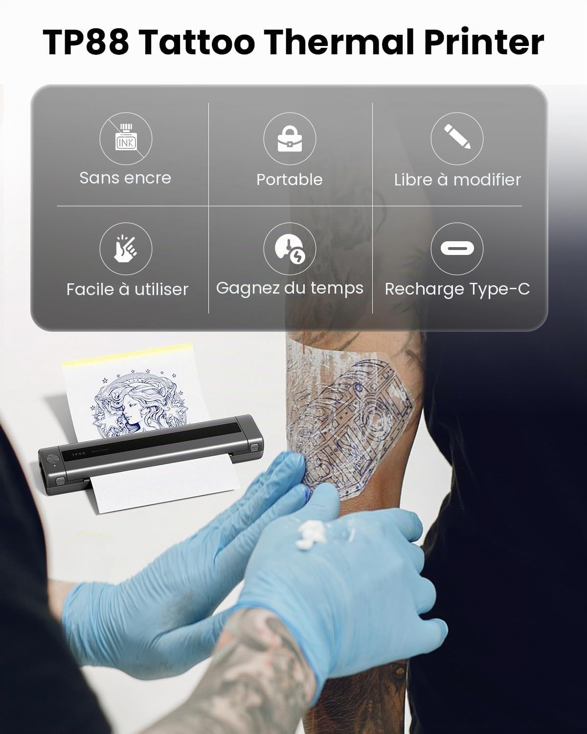 Phomemo TP88 Thermocopieur Tatouage Bluetooth,Imprimante Thermique Tatouage,Machine de Transfert Tatouage,Tattoo Stencil Printer avec 10 Feuilles Papier Transfert Tattoo pour Smartphone & PC