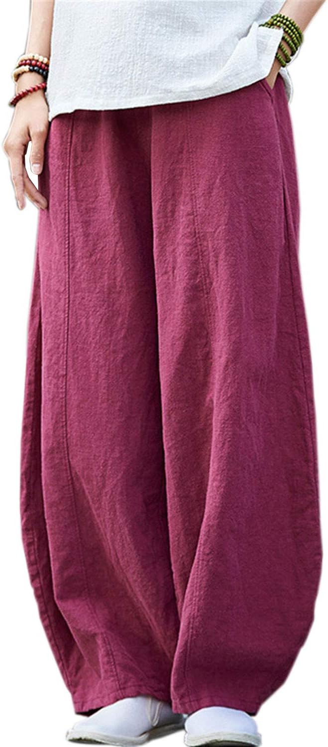IXIMO Women's Casual Cotton Linen Baggy Pants with Elastic Waist Relax Fit Lantern Trouser