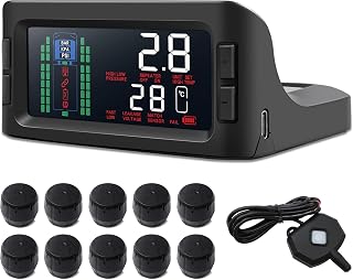 RV Tire Pressure Monitoring System Solar TPMS with 10 Sensors & Signal Booster for Trailer Truck, 3.3inch Large Screen, 0-199Psi, 7 Alert Modes, Max Support 36 Sensors