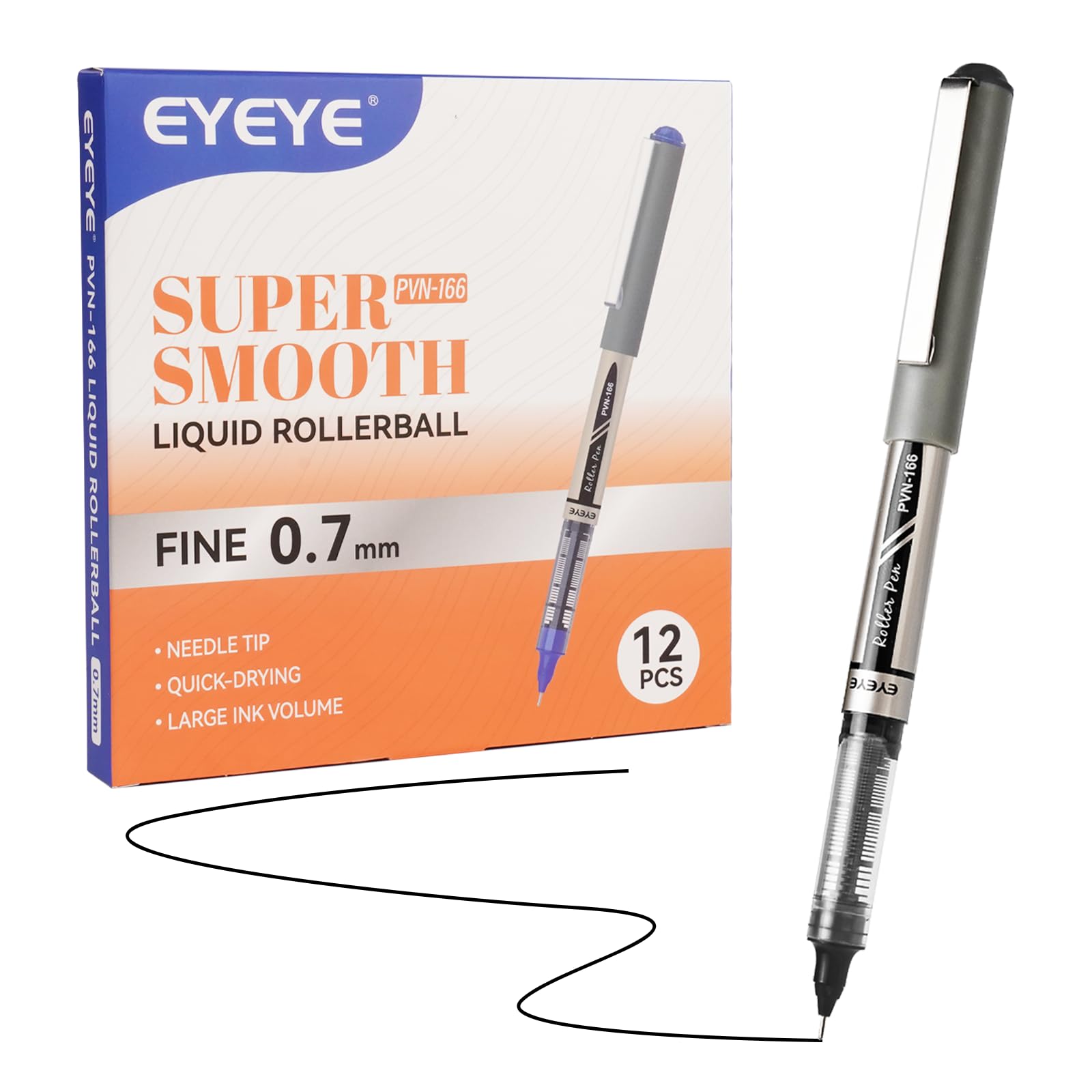 EYEYE Black Rollerball Pens 0.7mm Needle Tip 12 Pack, Medium Point Pen Quick Dry, Liquid Ink Pens Fine Point Smooth Writing Pen for Coloring, Journaling, Note Taking, Office, School Supplies