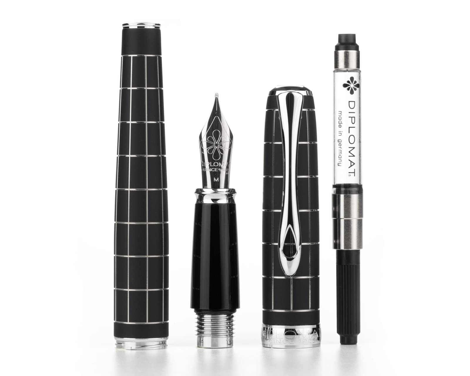 Diplomat Excellence A+ Rombo guilloché lapis nero, Penna stilografica con portamatite in vera pelle con inchiostro da scrittura e convertitore, pennino in acciaio inox M, Set di penne stilografiche