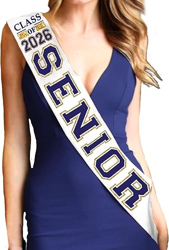 Miniatura 2 de Fajas azul marino para personas mayores, color azul marino brillante con contorno dorado, clase de 2024, banda de satén blanca de alta calidad,