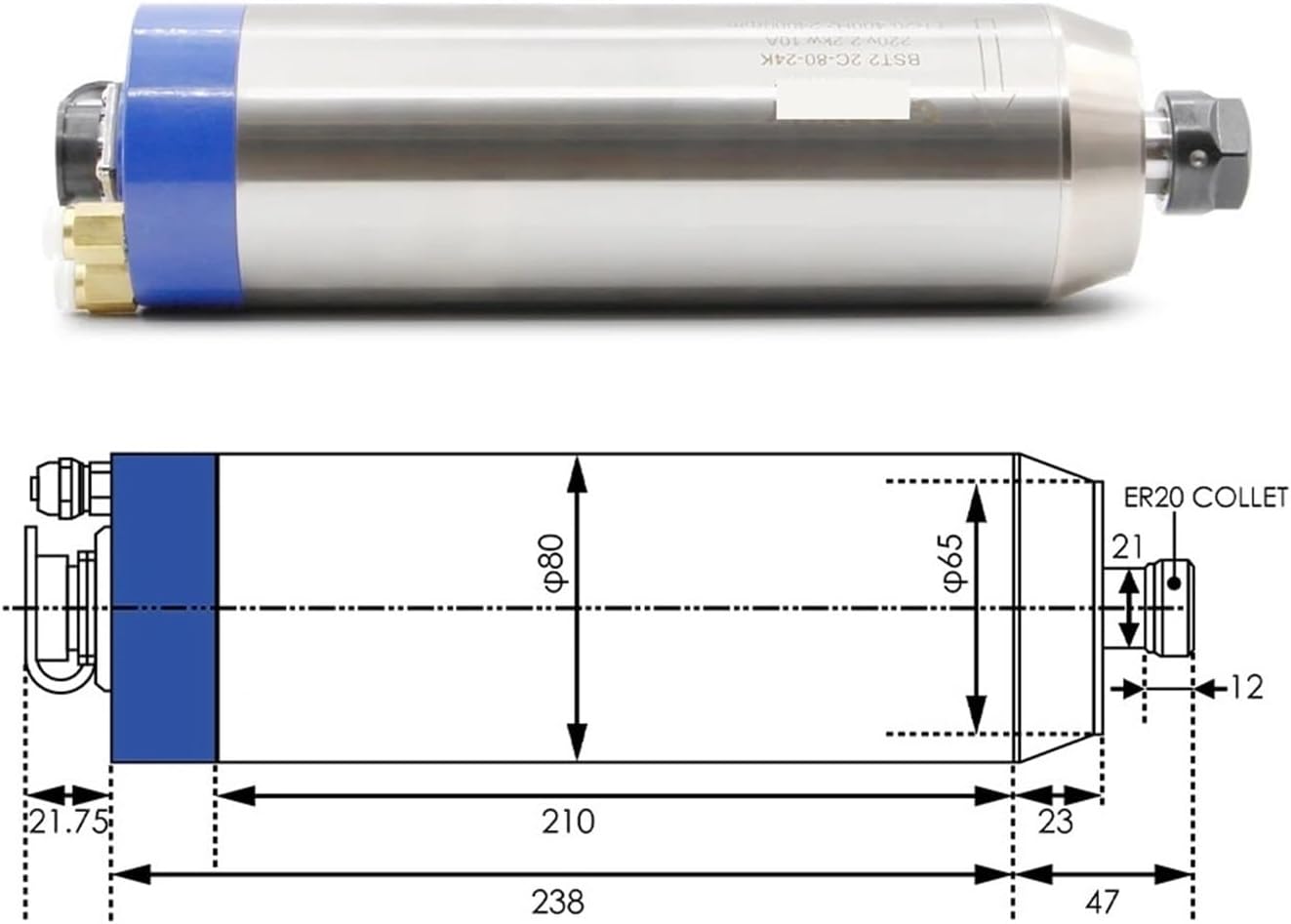 2.2kw ER20 D80 water-cooled spindle 220v(220v H100 VFD)