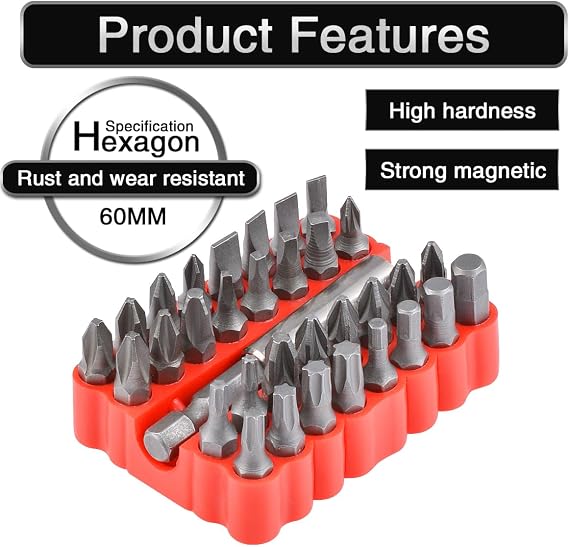 33 Piece Screwdriver Bit Set Tamper Proof Security Screw Hex Bit Head Set with Magnetic Extension Bit Holder, 1/4 Metric Screwdriver Kit, Electric Drill Tool Accessories - Red Box
