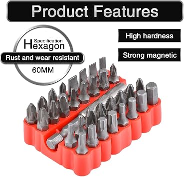 33 Piece Screwdriver Bit Set Tamper Proof Security Screw Hex Bit Head Set with Magnetic Extension Bit Holder, 1/4 Metric Screwdriver Kit, Electric Drill Tool Accessories - Red Box