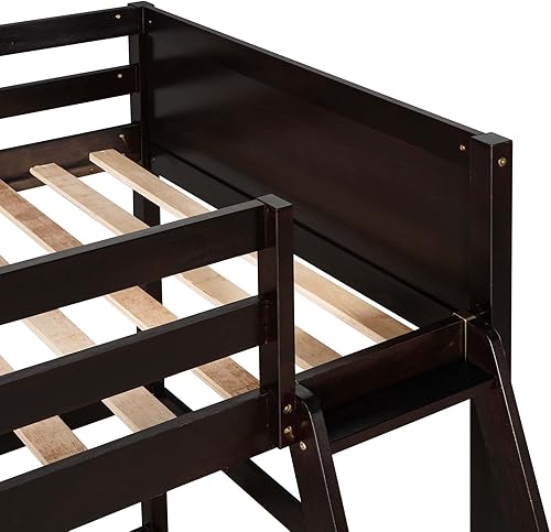 Miniatura 8 de Cama tipo loft dúplex de madera de tamaño individual con valla de seguridad y escalera inclinada para adultosniñosniñas espresso