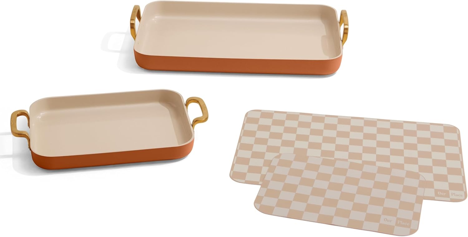 Our Place Essentials 4-Piece Griddle Pan Set | Nonstick Griddle Standard & Mini with Reusable Silicone Oven Mats | Thermakind™ PFAS-Free Nonstick, Oven Safe, Stovetop to Oven Versatility | Terracotta