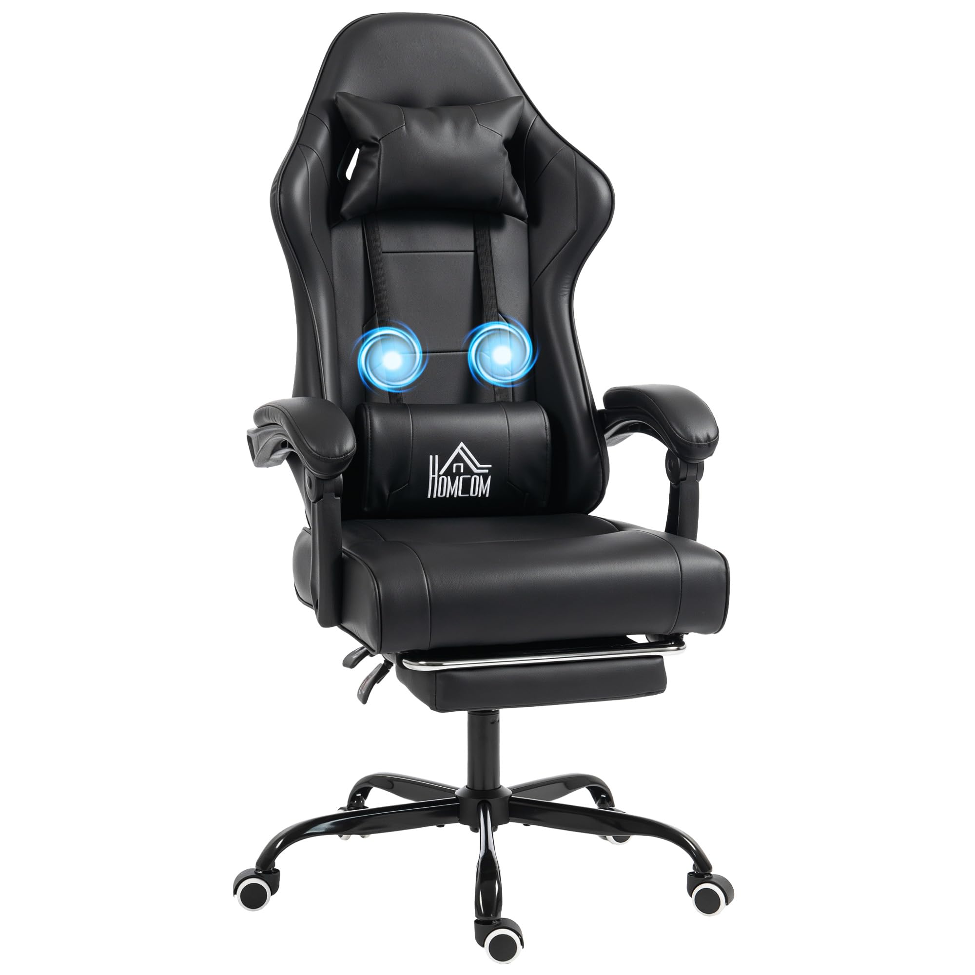 HOMCOM Silla Gaming Ergonómica Sillón Gamer 63 x 66 x 126-134 cm, Negro | Soporte para lumbar, respaldo reclinable, altura ajustable, reposapiés, reposacabezas, muebles de oficina