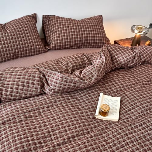 Image of EAVD Vintage Style Burgundy Gingham Duvet Cover Twin 100% Washed Cotton Like Linen Feel Soft Checkered Grid Plaid Bedding Set with 2 Pillowcases Farmhouse Grid Geometric Duvet Cover with Zipper