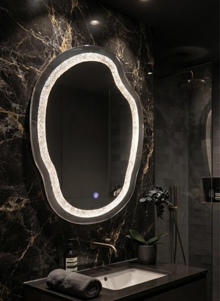 Image of Alfa Design Irregular 28x20 Inch Diamond Wall Mounted LED Backlit Mirror | Touch Sensor 3 Light Modes (Warm, Natural & Cool White) | for Bathroom Vanity Mirror, Washbasin, Farmhouse & Bedroom