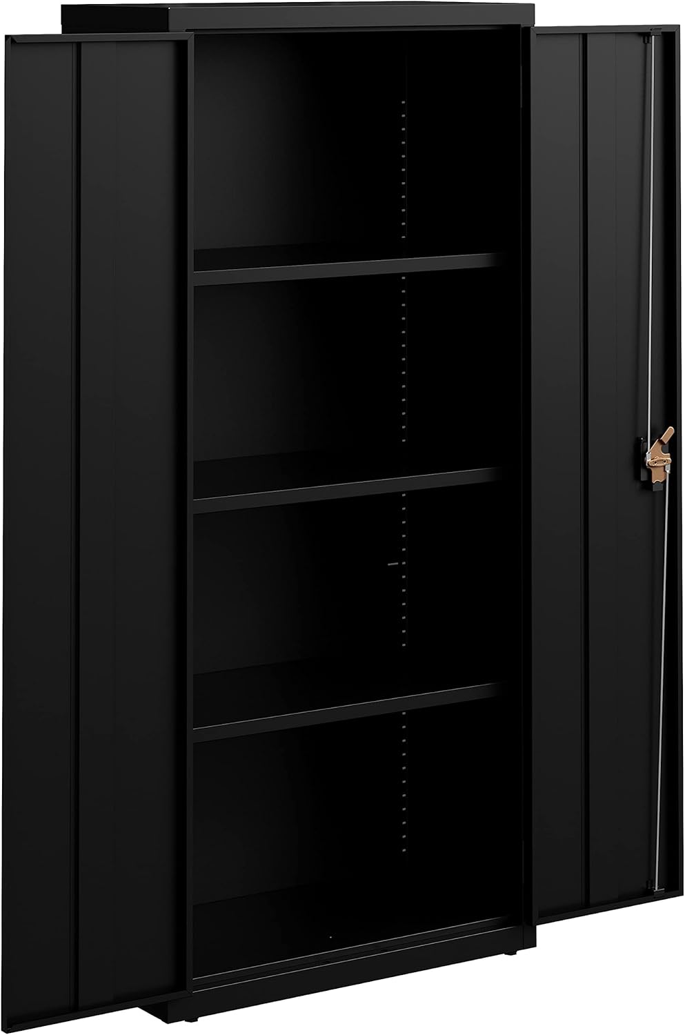 Interior view of the Lorell Slimline Storage Cabinet with doors open, showing four empty adjustable shelves and vertical adjustment slots.