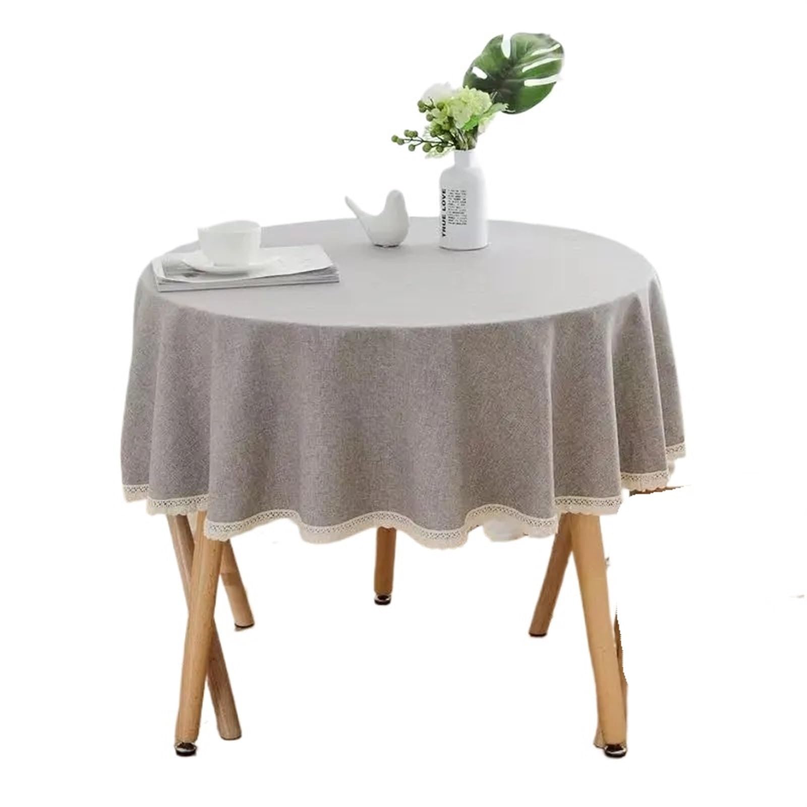 Nappe ronde en coton et lin gris clair avec dentelle élégante pour table à manger et de thé