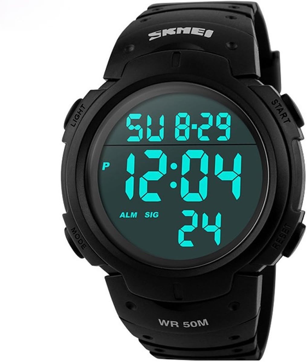 Mens Military Digital Sport Watch with Fashion Design Electronic LED Display Water Resistant - Black