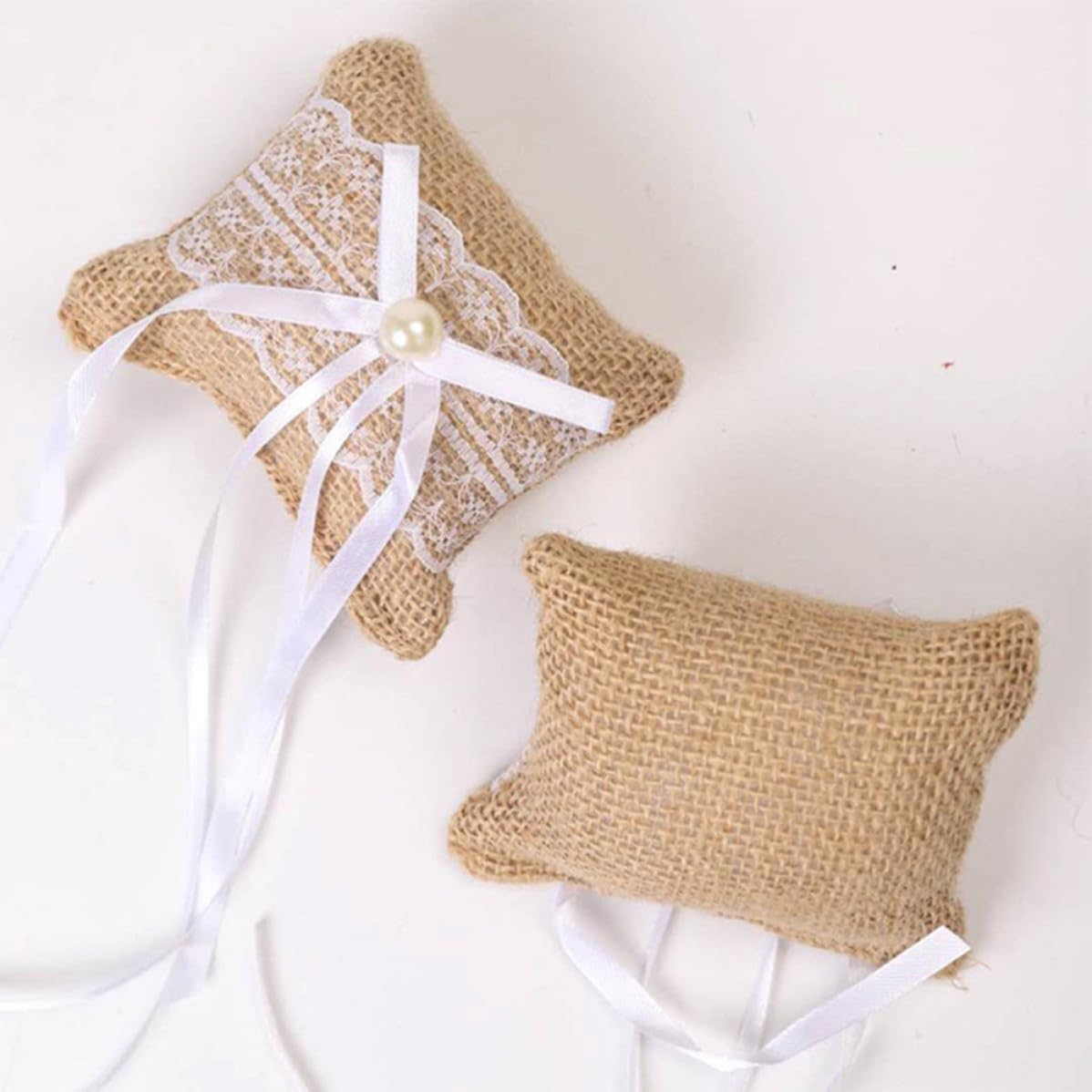 Wakauto Wedding Ring Bearer Pillows Sturdy 2pcs with Burlap and Lace Decorative Ring Cushions Charming Rustic Style for Engagement Party or Proposal