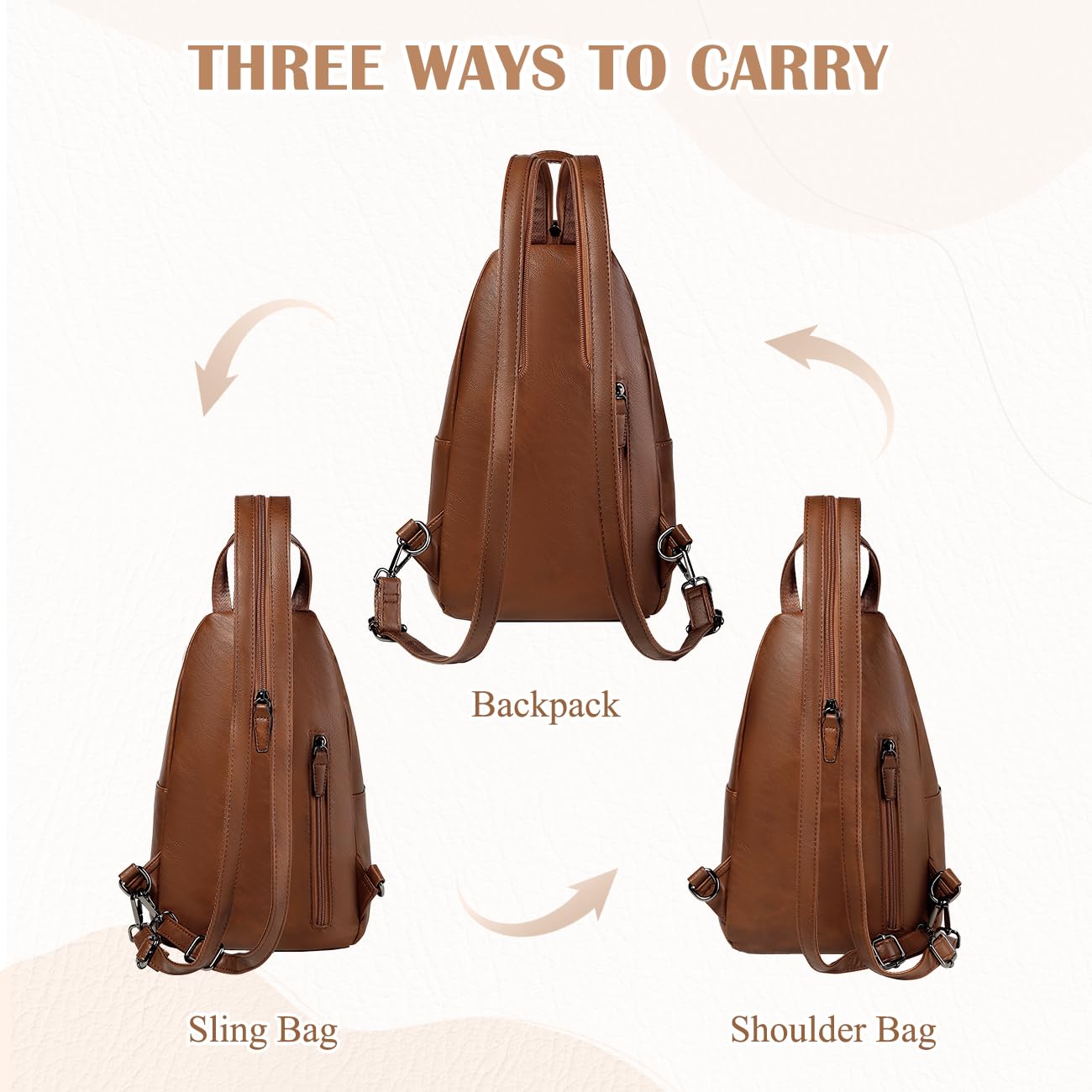 RAVUO Mochila Mujer Pequeña Casual Bolso Mochila Bandolera de Cuero PU Moda Bolsos Pecho de Piel Mini Crossbody Sling Bag para Viaje Trabajo,Marrón