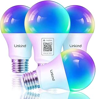 Linkind Matter Smart RGBTW Bombilla, WiFi LED E27, Bombilla Multicolor RGB/RGBTW 1800K-6500K, Compatible con Alexa Google …