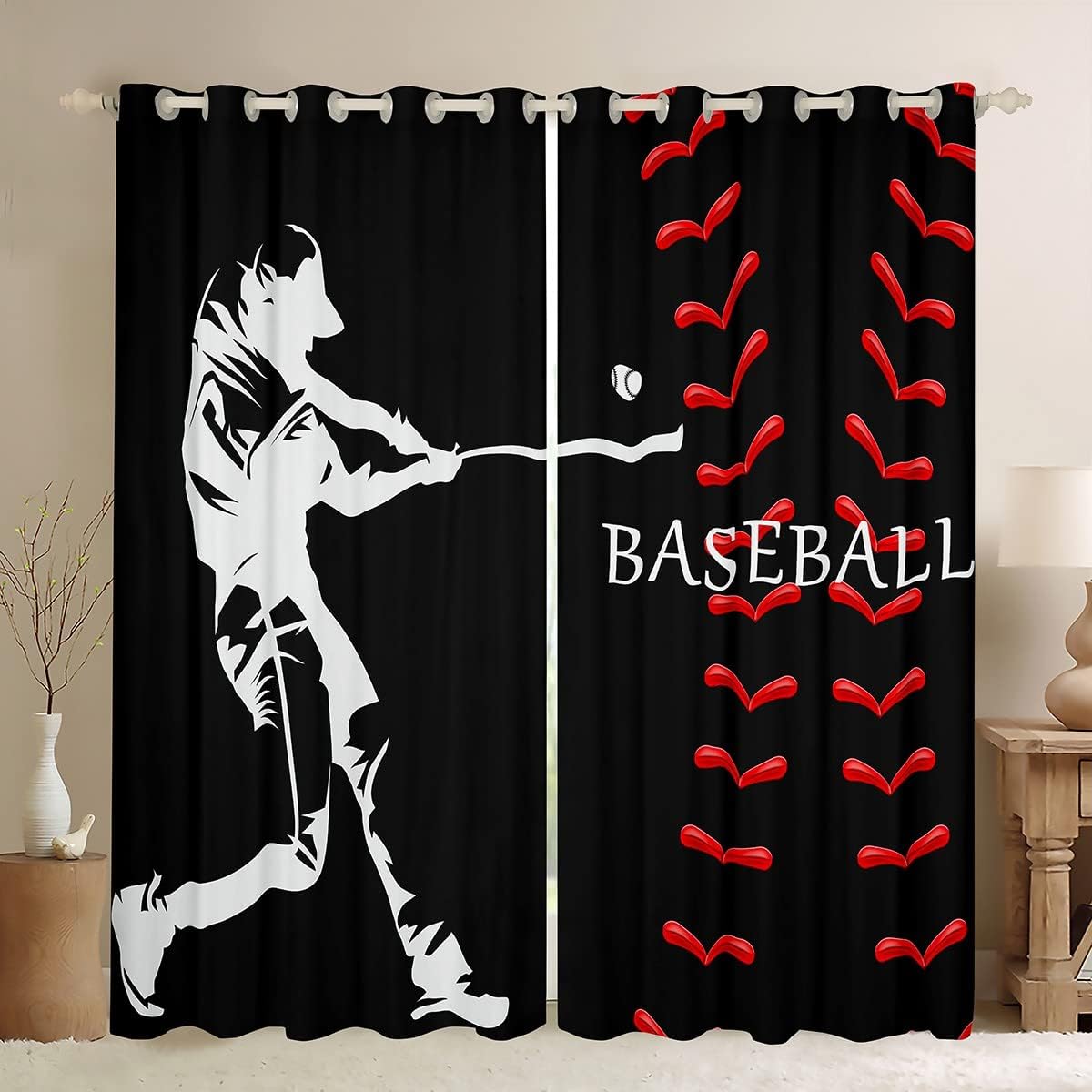 Boys Baseball Curtains for Bedroom Kids Sports Game Window Drapes Teens Baseball Gaming Window Curtains Girls Men Ball Player Window Treatments, Red Black White Room Decor 38x45 Inches,2 Pan