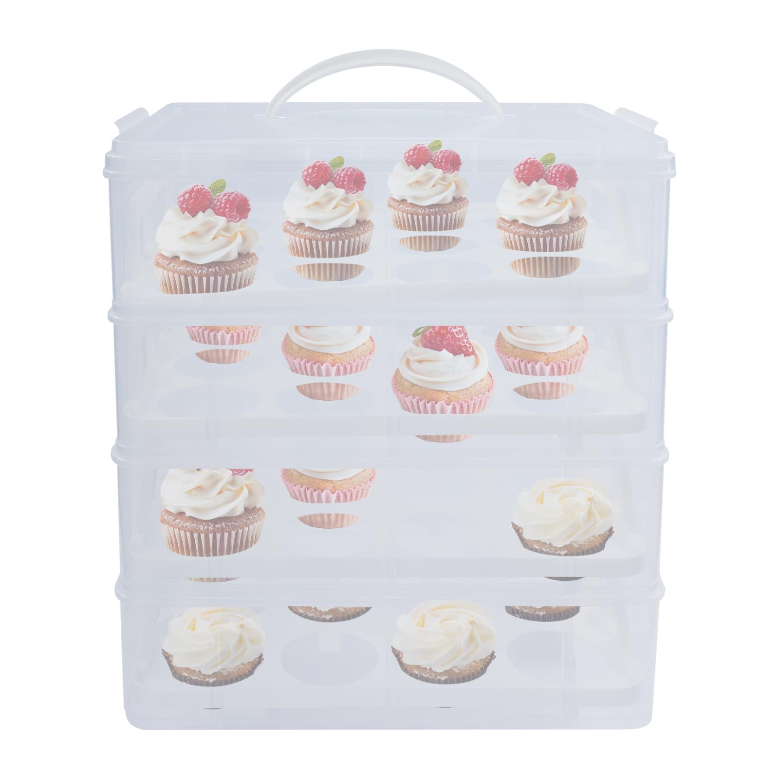 Cupcake Transportbox 4 Etagen Rechteckig für 48 Stück Muffin Transportbox mit Griff Kuchenbox Torten Transport Box aus PP Lebensmittelbehälter Partycontainer für Geburtstag