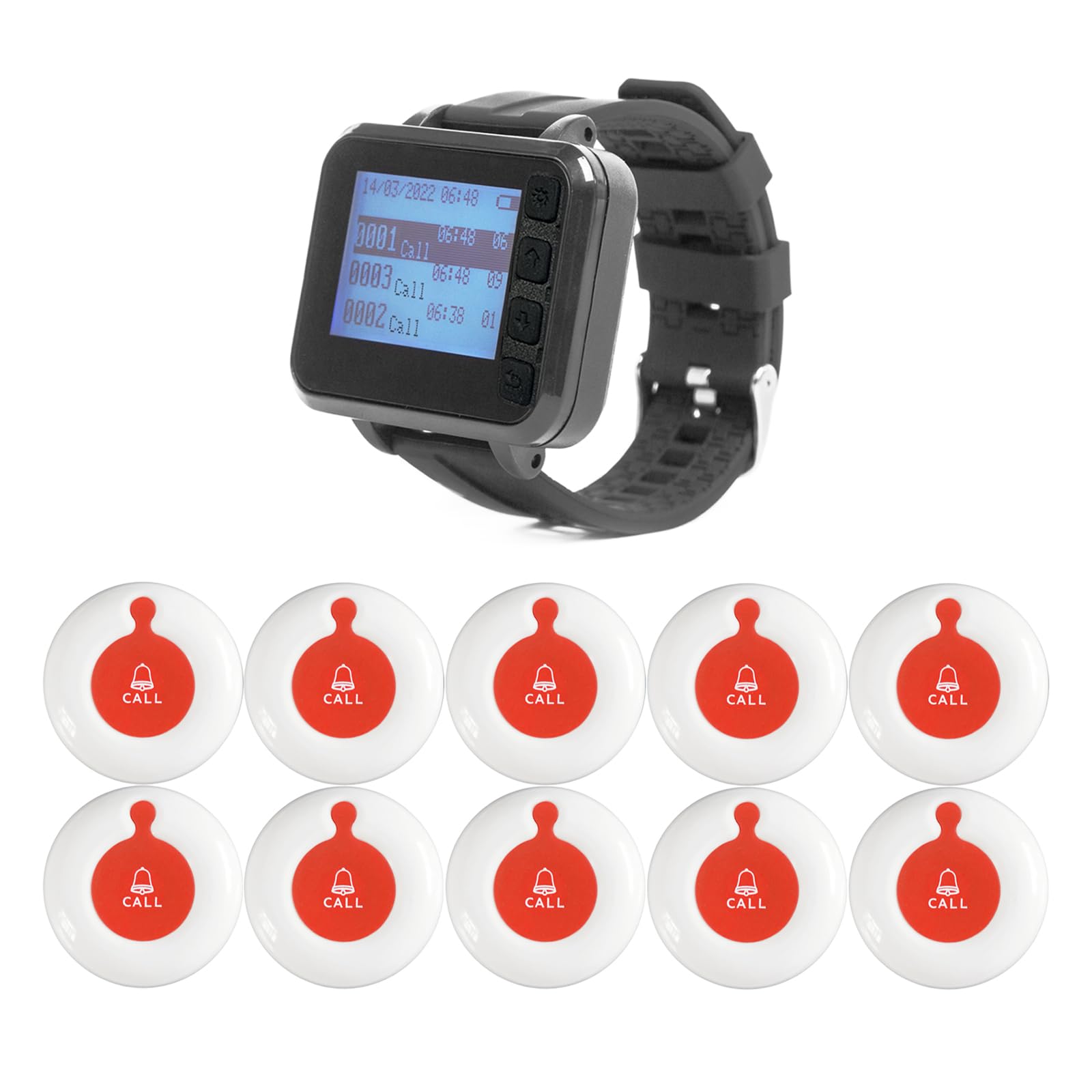Wireless Calling System Service Pager Vibration Sound Alarm for Restaurant Cafe 1 Wrist Watch 10 Table Call Button for Customer (White-Red 1+10)