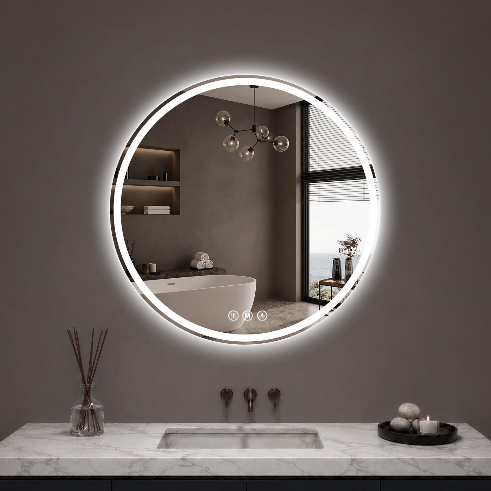 Miroir de salle de bain LED rond résolvant la buée avec 3 luminosités de 71 cm