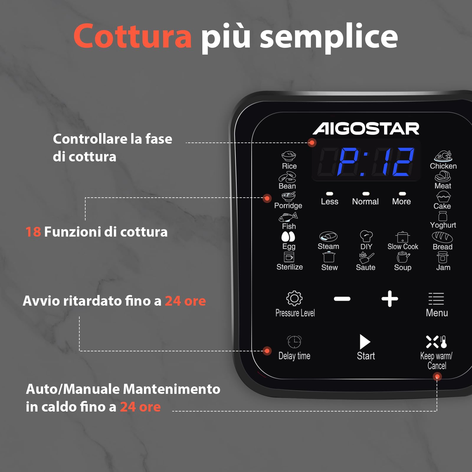 Aigostar Pentola a pressione elettrica 18-in-1 Pressure Cooker, 6 Litri Pentola Programmabile 24 ore, 3 pressioni, 1000W Pannello LED Multicooker per Yogurt, Cuoci, Riso, Slow Cooker, Sauté, 1000W