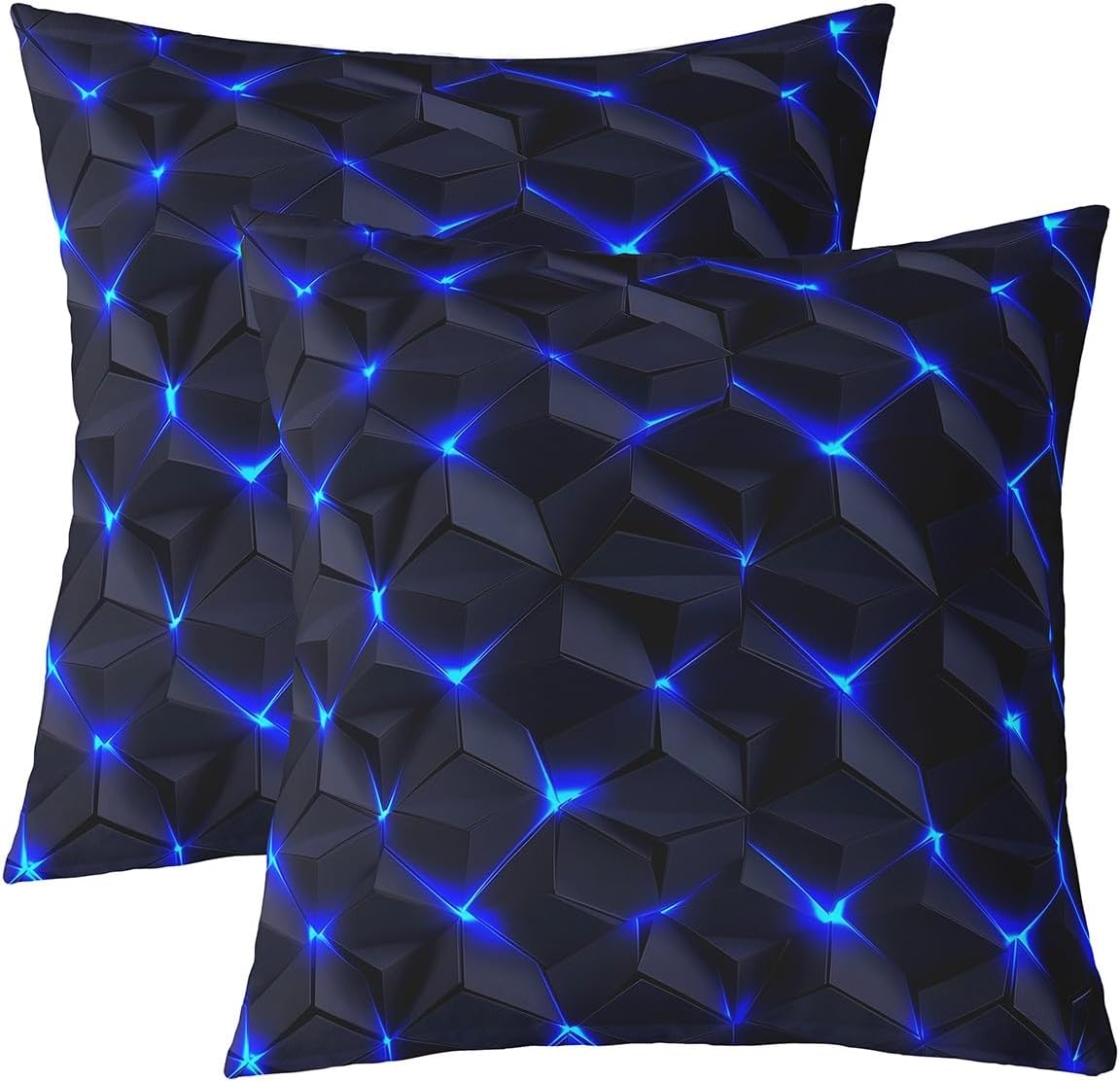 3D Double Sides Print Pillow Covers 22"x 22",Blue Neon Light Rhombus Print Soft Square Cushion Cases,Abstract Diamond Black Throw Pillowcases for Decoratons Set of 2