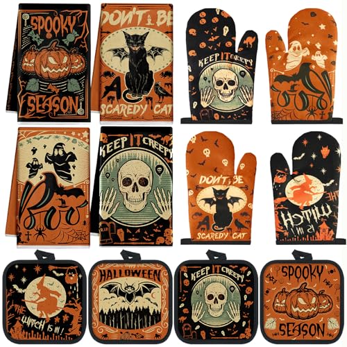 SiliFine 12 Pcs Halloween Kitchen Towels Pot Holders and Oven Mitts Set 4 Ghost Dish Towels 4 Gothic Witchy Oven Mitts 4 Spooky Pumpkin Pot Holders for Halloween Home Cooking Dish Baking Decorative