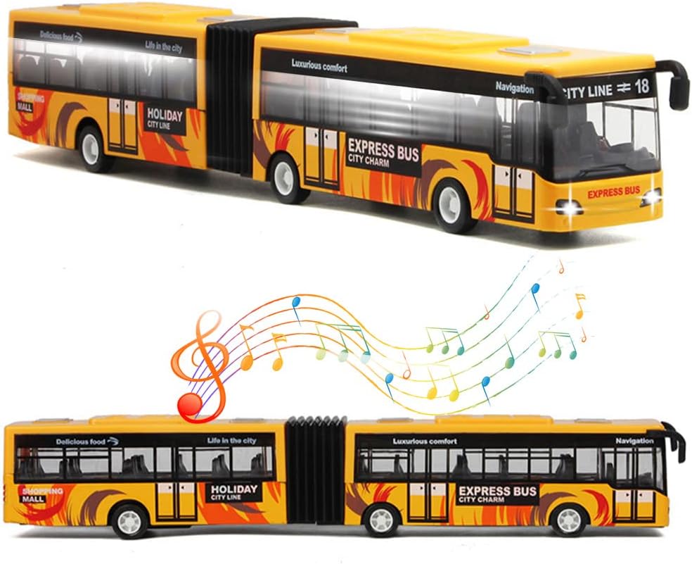 Crelloci City Bus Toy for Kids, Die Cast Alloy Pull Back Vehicles, Metro Articulated Electric Bus with Sounds and Lights, Model Cars Toys Educational Gift for Kids Boys Girls Ages 3+