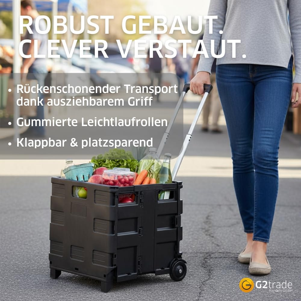 G2 Klappboxtrolley SPACY – Klappbarer Einkaufstrolley mit Rollen, faltbar & leicht – Tragkraft 25 kg – Einkaufskorb mit ausziehbarem Griff – Klappbox für Einkauf & Transport – Schwarz