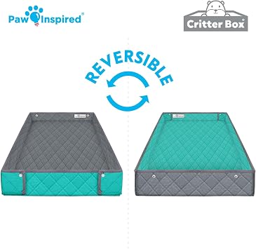 Paw Inspired Critter Box Washable Cage Liner, Reversible Fleece Bedding with Raised Sides for Ferrets, Guinea Pigs, Rats, Chinchillas, Small Animals (Critter Nation/Ferret Nation, Grey/Green)