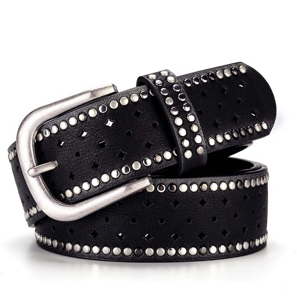 Womens Leather Genuine Leather Belt with Rhinestones and Studs Star Pin Holes Studded Belt for Jeans