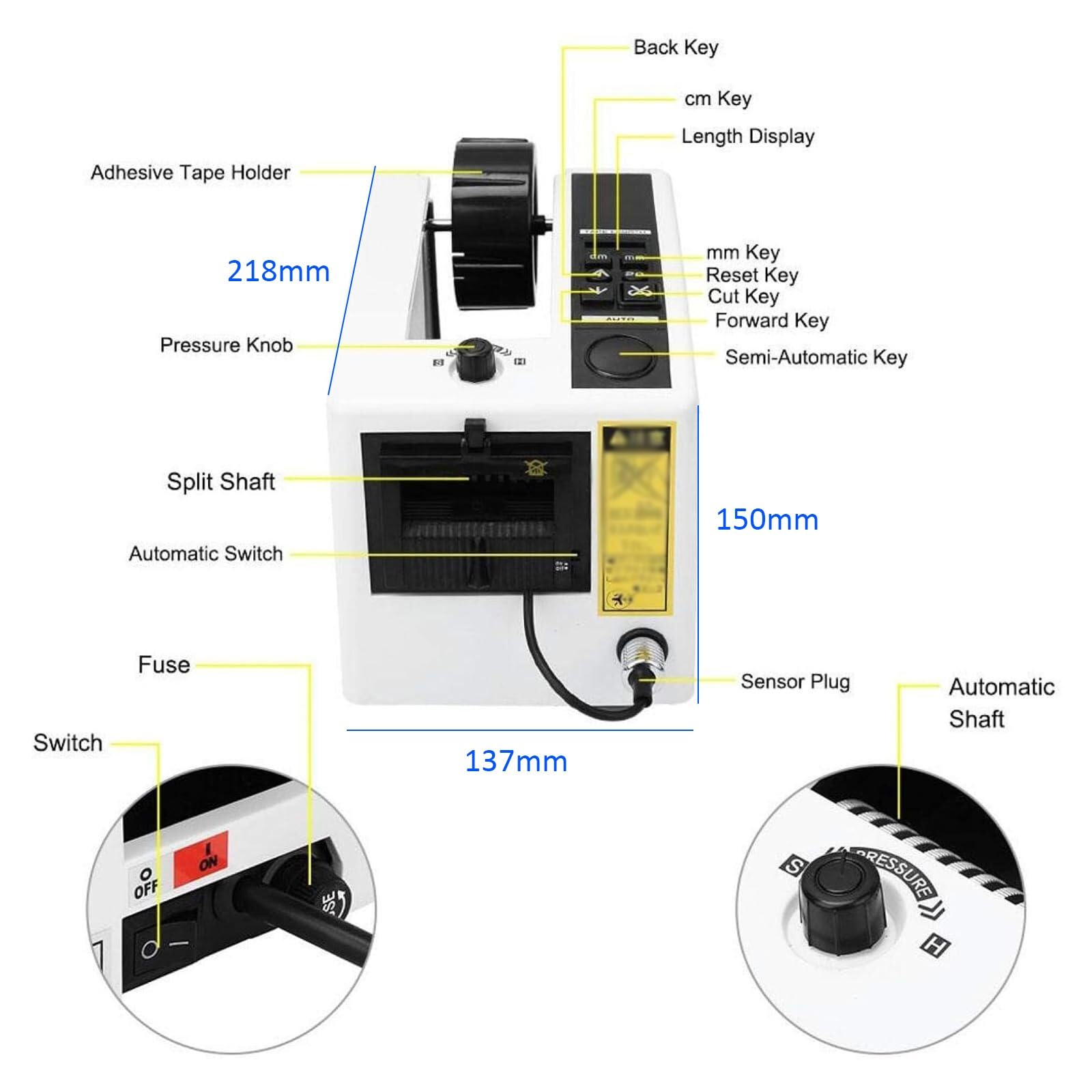Dispensador de Cinta eléctrico con Sensor automático, presión Ajustable, Pantalla Digital, Longitud de Corte de 20 a 999 mm, Ancho de 7 a 50 mm: Ideal para Envolver y embalar
