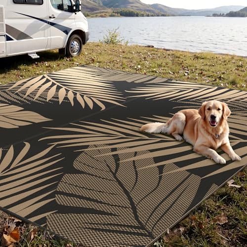 sarben Outdoor Rug 10' x 10' Waterproof for Patios Clearance, Reversible Plastic Straw Indoor Outdoor Rug for RV, Picnic, Backyard, Deck, Balcony, Porch, Beach, Black and Brown