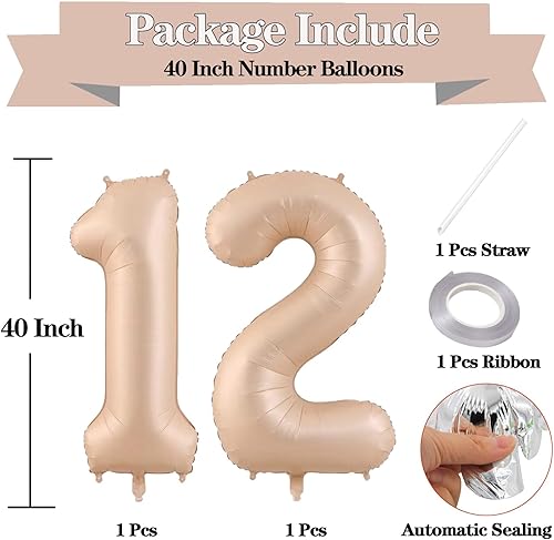 Miniatura 2 de Globos de 40 pulgadas color beige con el número 12, globos grandes de Mylar de aluminio de número 12 para decoraciones de fiesta de cumpleaños de 12